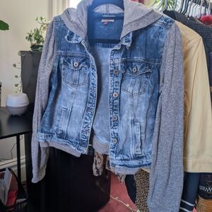 Denim and Gray Hooded Jacket